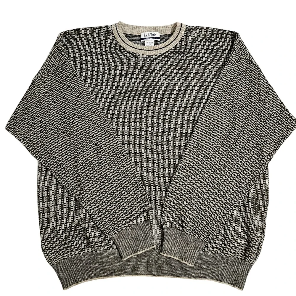 Vintage 90s GrandpaCore Jos A Bank Italian Knit Gray Cream Sweater XL‎ CozyCore